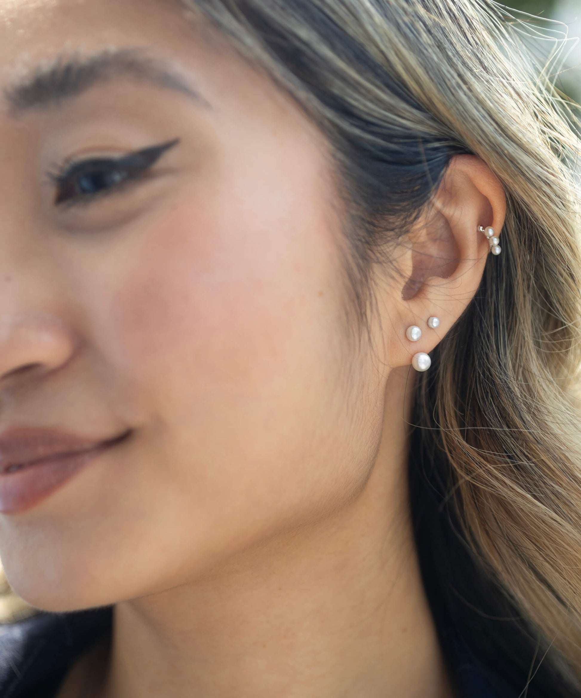 3 pearl silver ear climber model shot