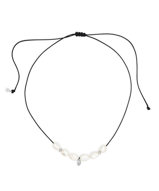 Necklace with black cord and white pearl beads on a white background