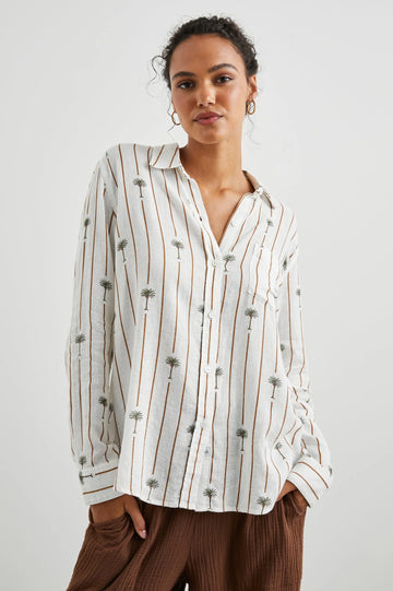 White linen blend shirt with classic collar and button through with brown vertical stripes and palm trees