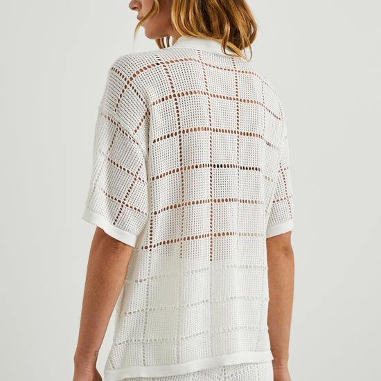 Crochet button through with short sleeves and a classic collar that is retro in feel rear view