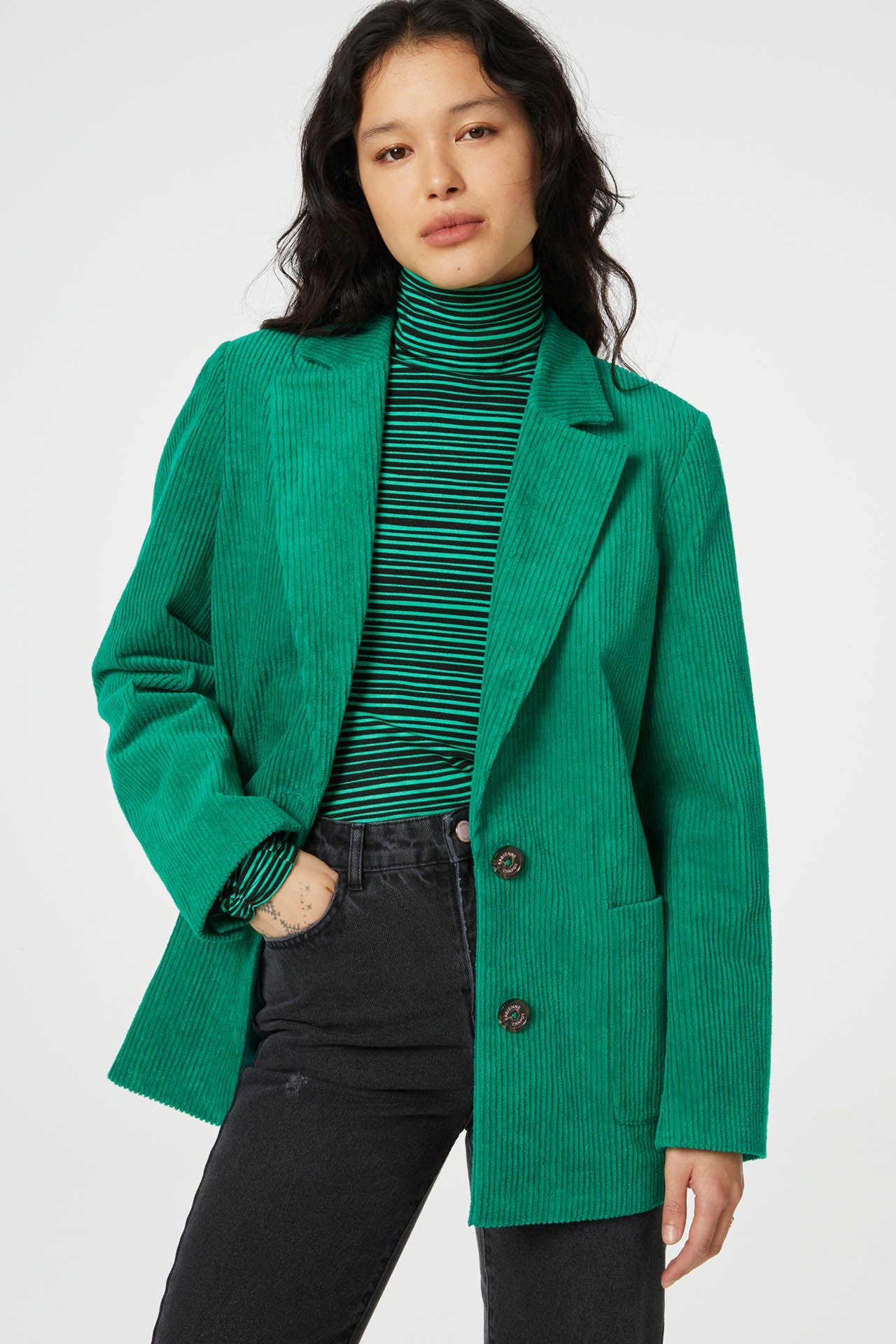 Single breasted jumbo cord blazer in green with front patch pockets