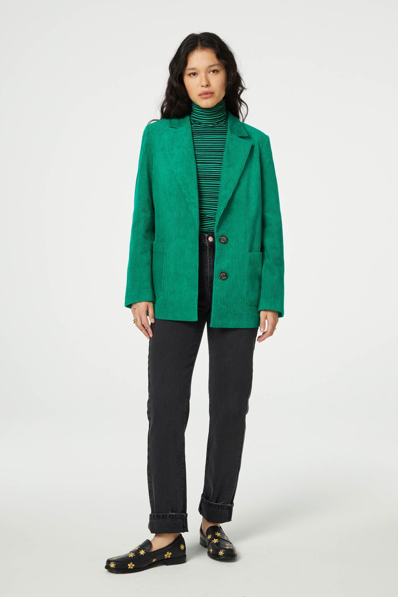 Single breasted jumbo cord blazer in green with front patch pockets