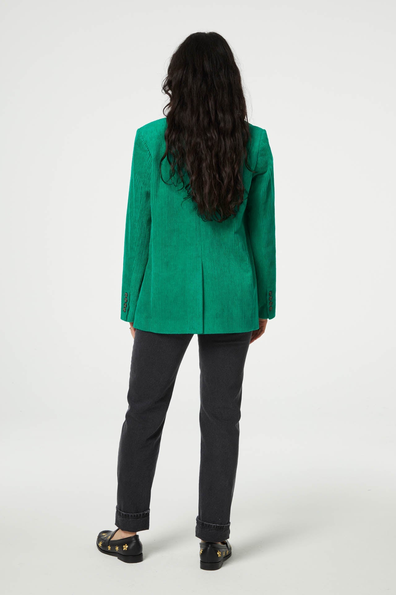 Single breasted jumbo cord blazer in green with front patch pockets