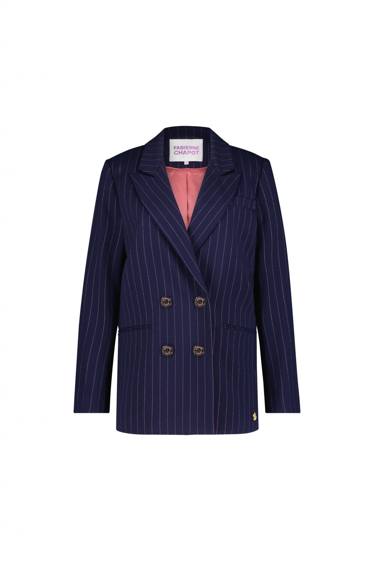 Navy and pink pinstripe double breasted blazer with peak lapels and front welt pockets 