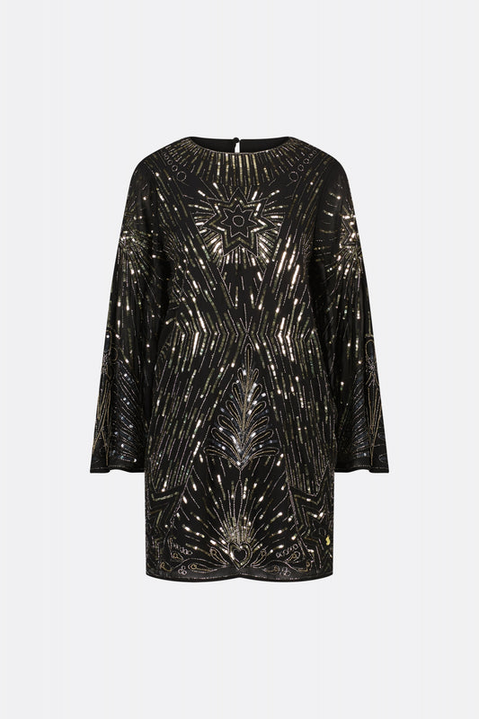 Black mini dress with long wide sleeves and gold sequin details throughout