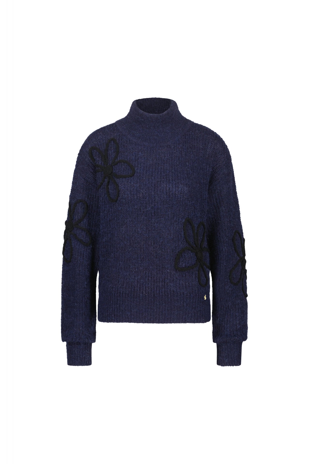 Navy turtleneck jumper with black knitted floral details