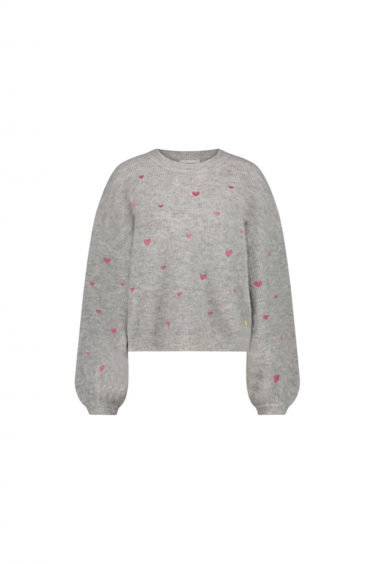 Grey crew neck jumper with balloon sleeves and pink embroidered hearts