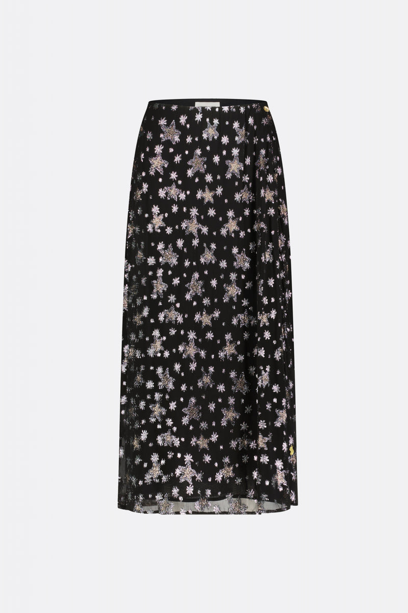 Midi A line black skirt with silver stars