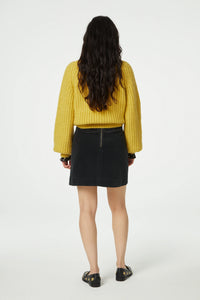 Short A line black fine corduroy skirt with front side split