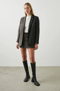 Contrast jacket with one side check design and the other pinstripe 