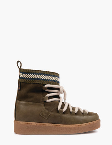 dark green short boo with wide sole, and cream lace contrast