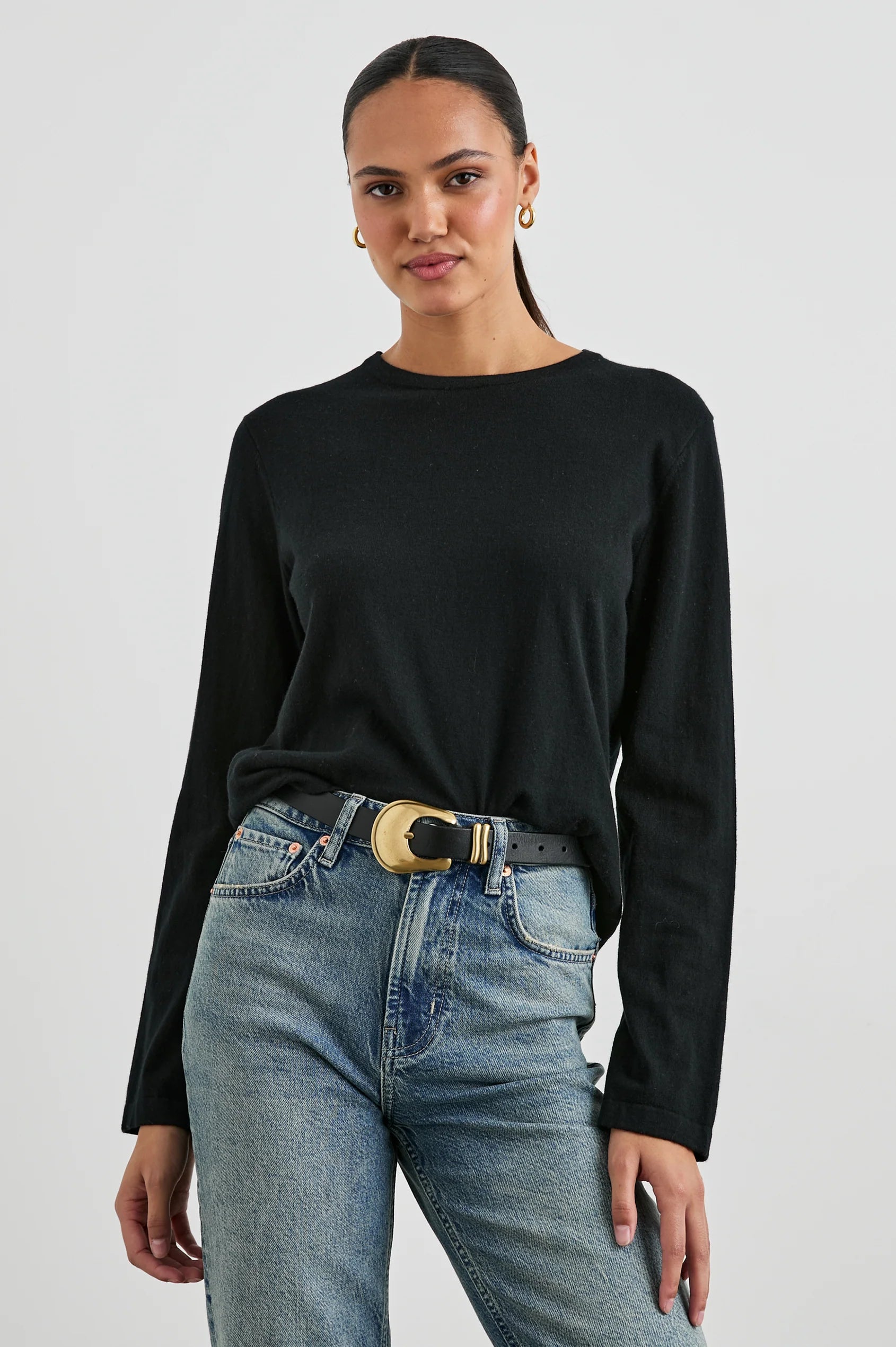 long sleeve round neck cotton cashmere black top