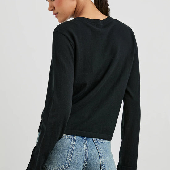 long sleeve round neck cotton cashmere black top rear view 