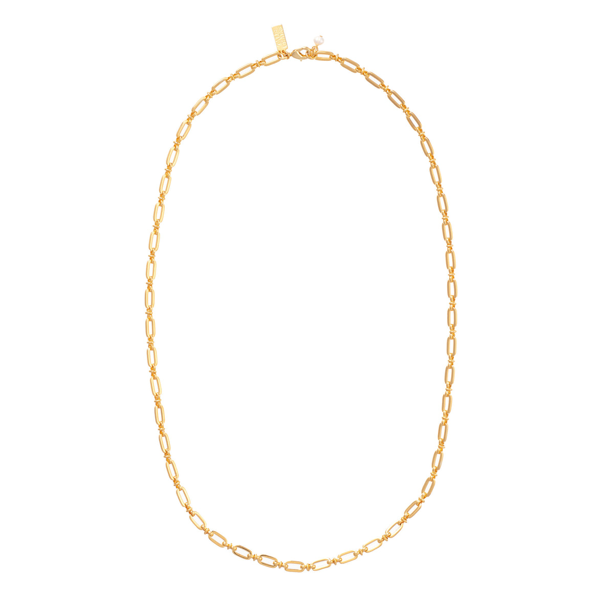 Long link gold chain necklace with lobster fastening and fresh water pearl bead
