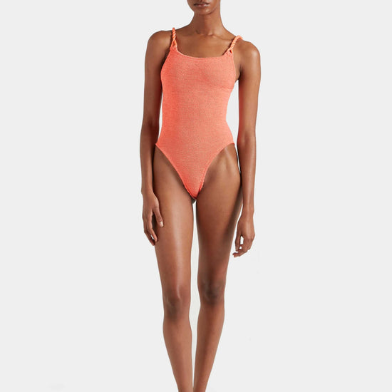 Model shot of metallic coral swimsuit