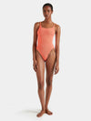Model shot of metallic coral swimsuit
