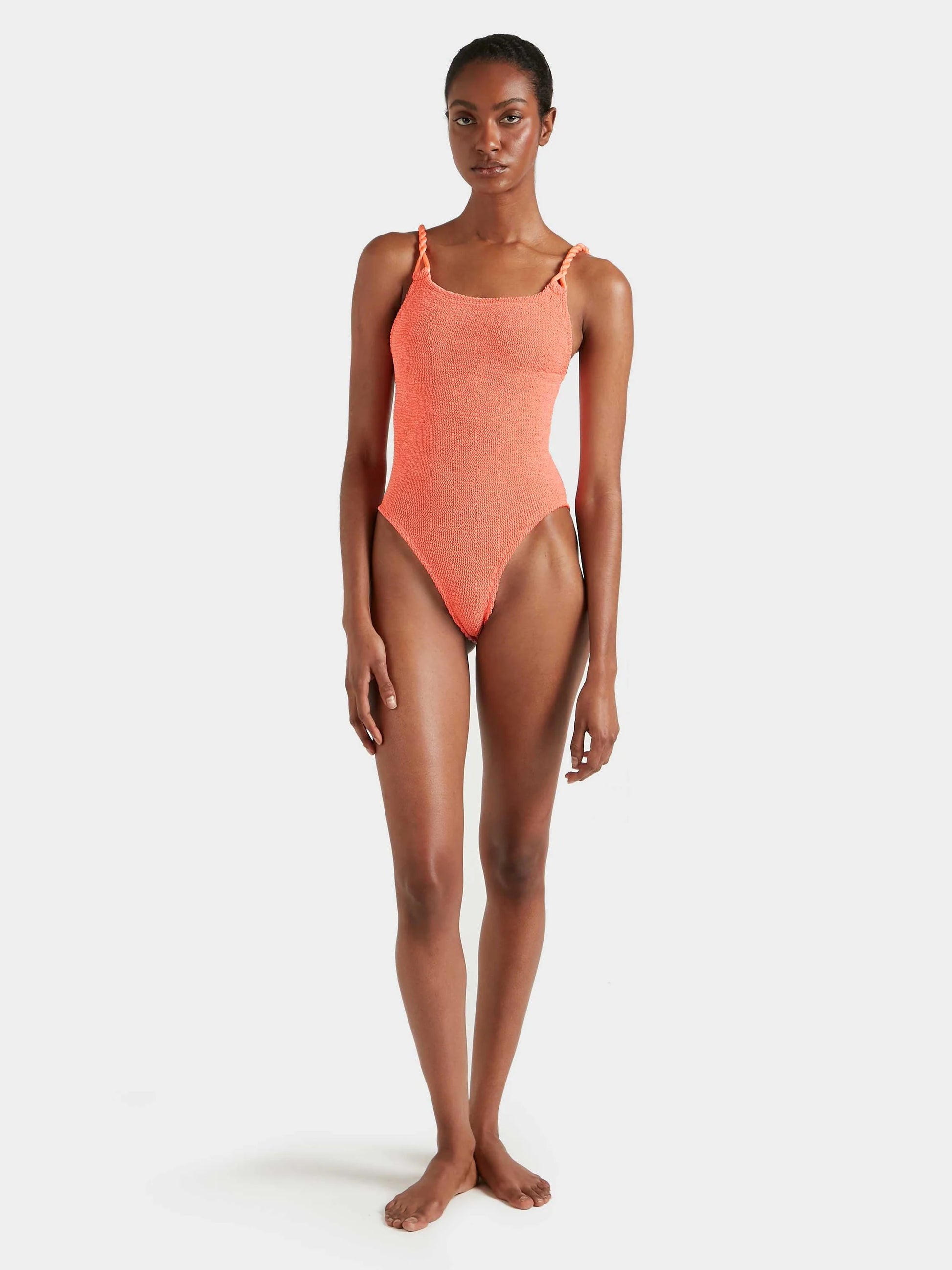 Model shot of metallic coral swimsuit