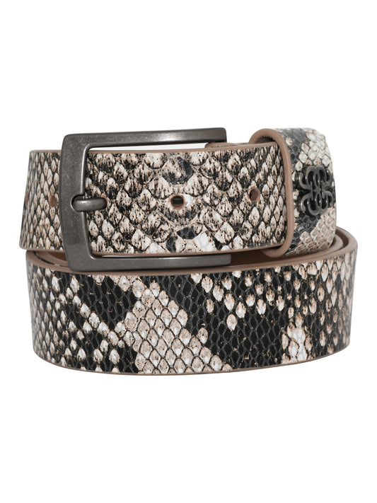 Snake effect printed leather belt with silver toned buckle