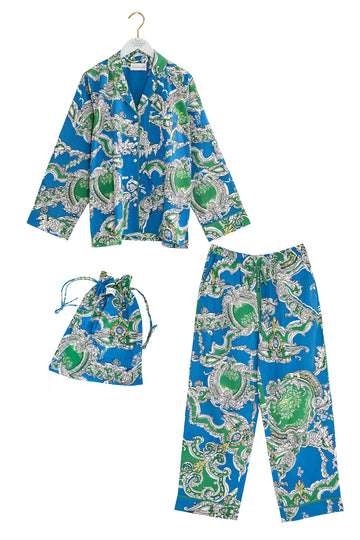 Blue and green patterned pajama set with matching drawstring bag on a white background
