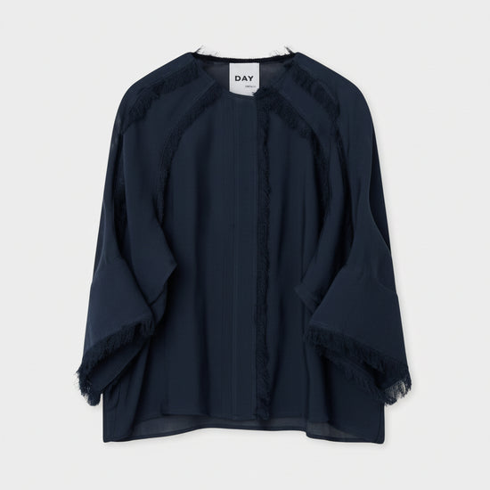 round neck navy shirt with fringe detail and 3/4 sleeves