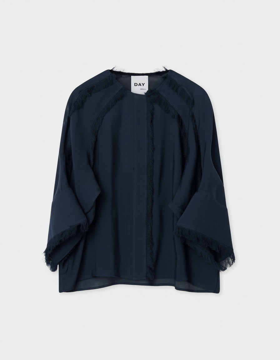 round neck navy shirt with fringe detail and 3/4 sleeves