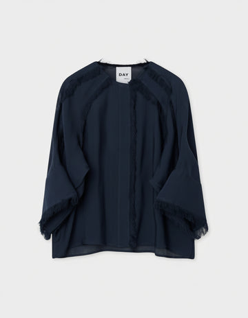 round neck navy shirt with fringe detail and 3/4 sleeves