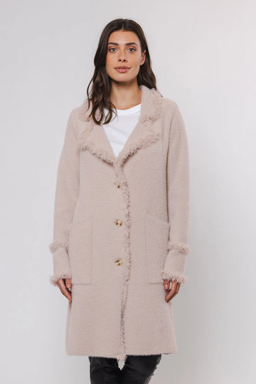 beige frayed edge long cardigan with 2 front pockets and 3 buttons