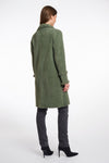 green fluffy long cardigan which comes just above the knee with fringe detailing patch pockets and long sleeves rear view 