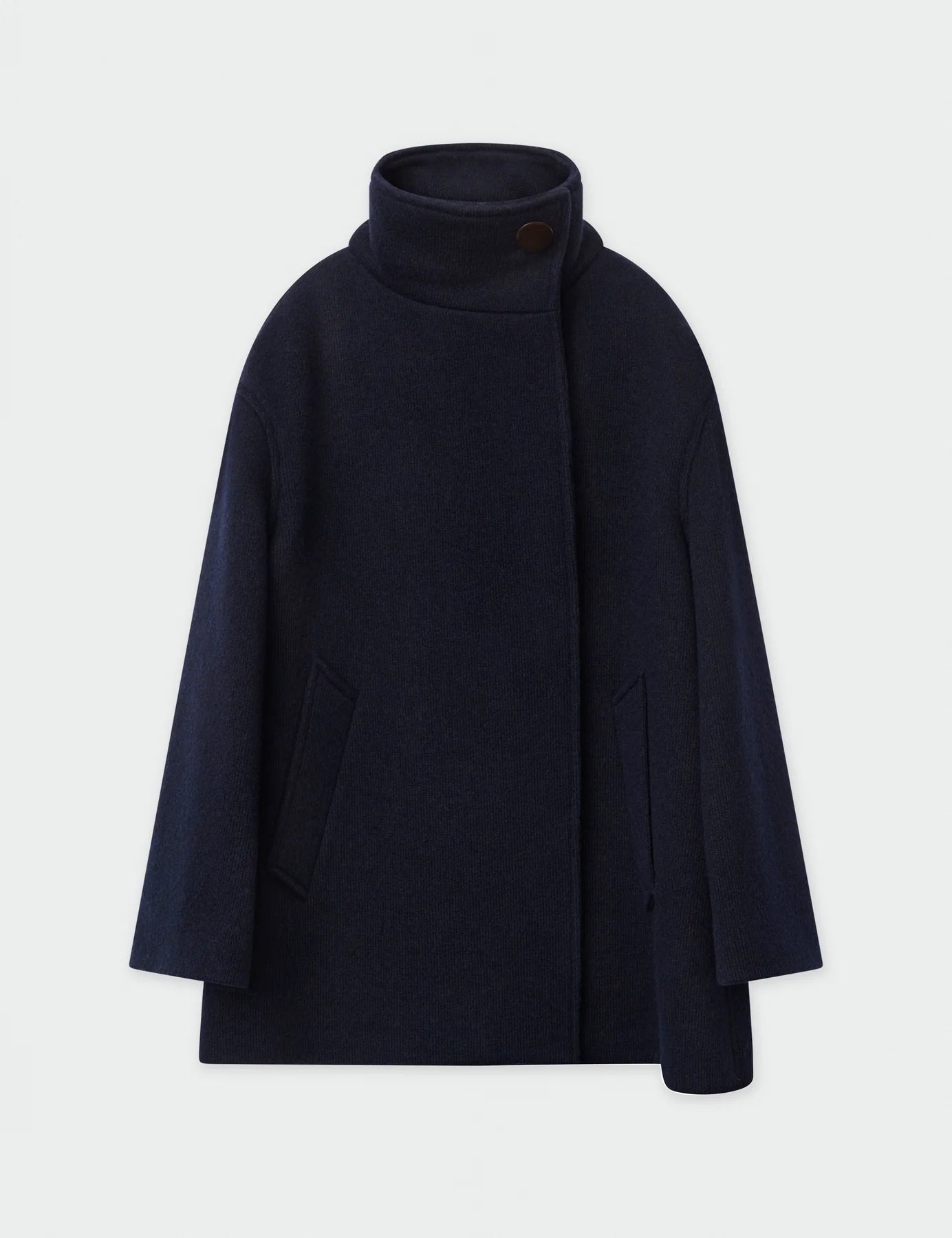 Wool blend navy coat with funnel neck and button fastening with long sleeves, relaxed look