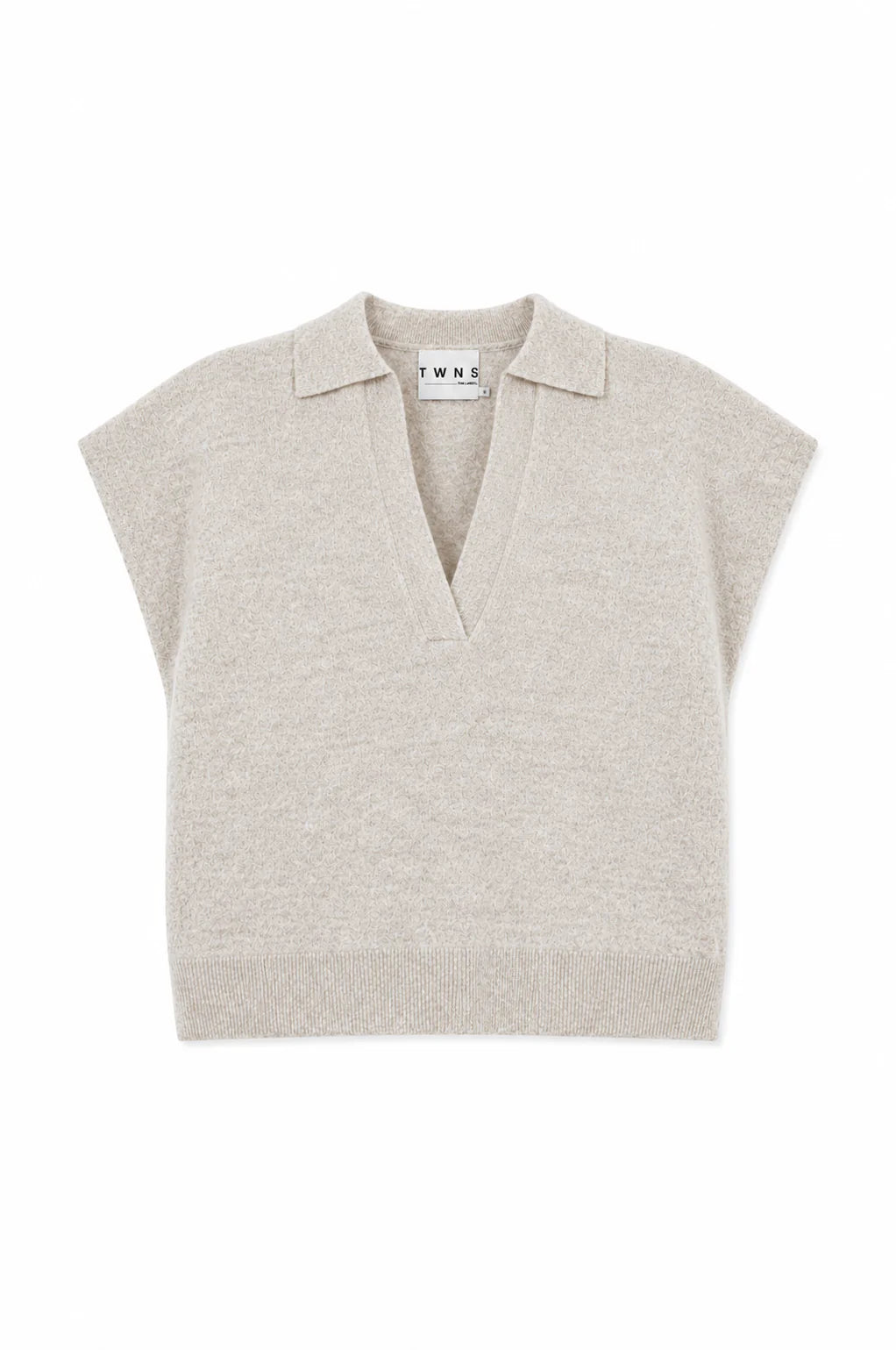 A light beige knit polo sweater vest with short cap sleeves and a V-neck collar, shown flat on a white background. The brand name 'TWINE' is visible on the inner neck label.