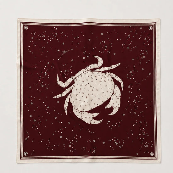 silk scarf with crab and star constelation design in cream and bordeaux 