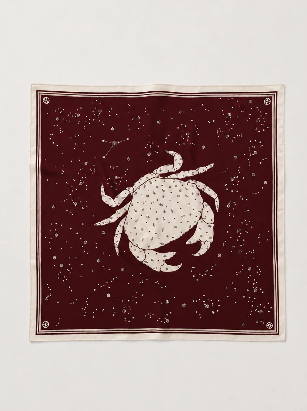 silk scarf with crab and star constelation design in cream and bordeaux 
