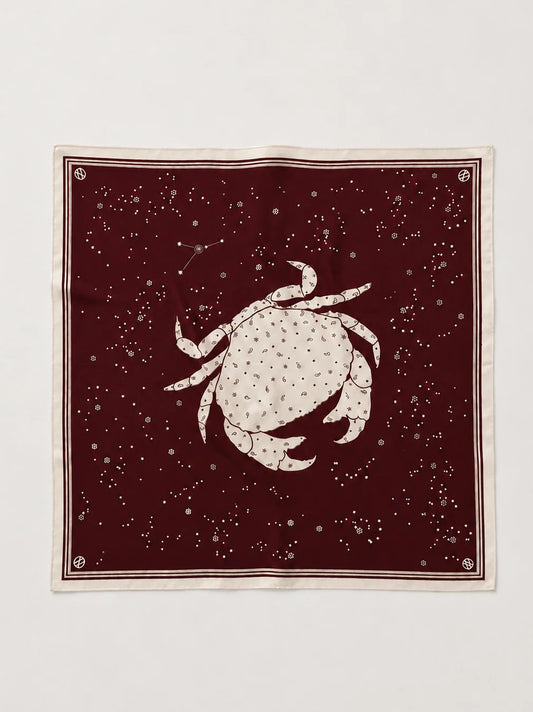 silk scarf with crab and star constelation design in cream and bordeaux 