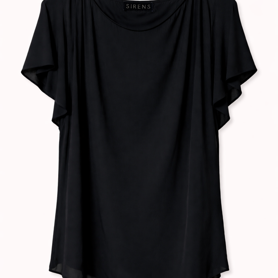 Black t-shirt with ruffle sleeve detail. product shot.
