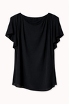 Black t-shirt with ruffle sleeve detail. product shot.