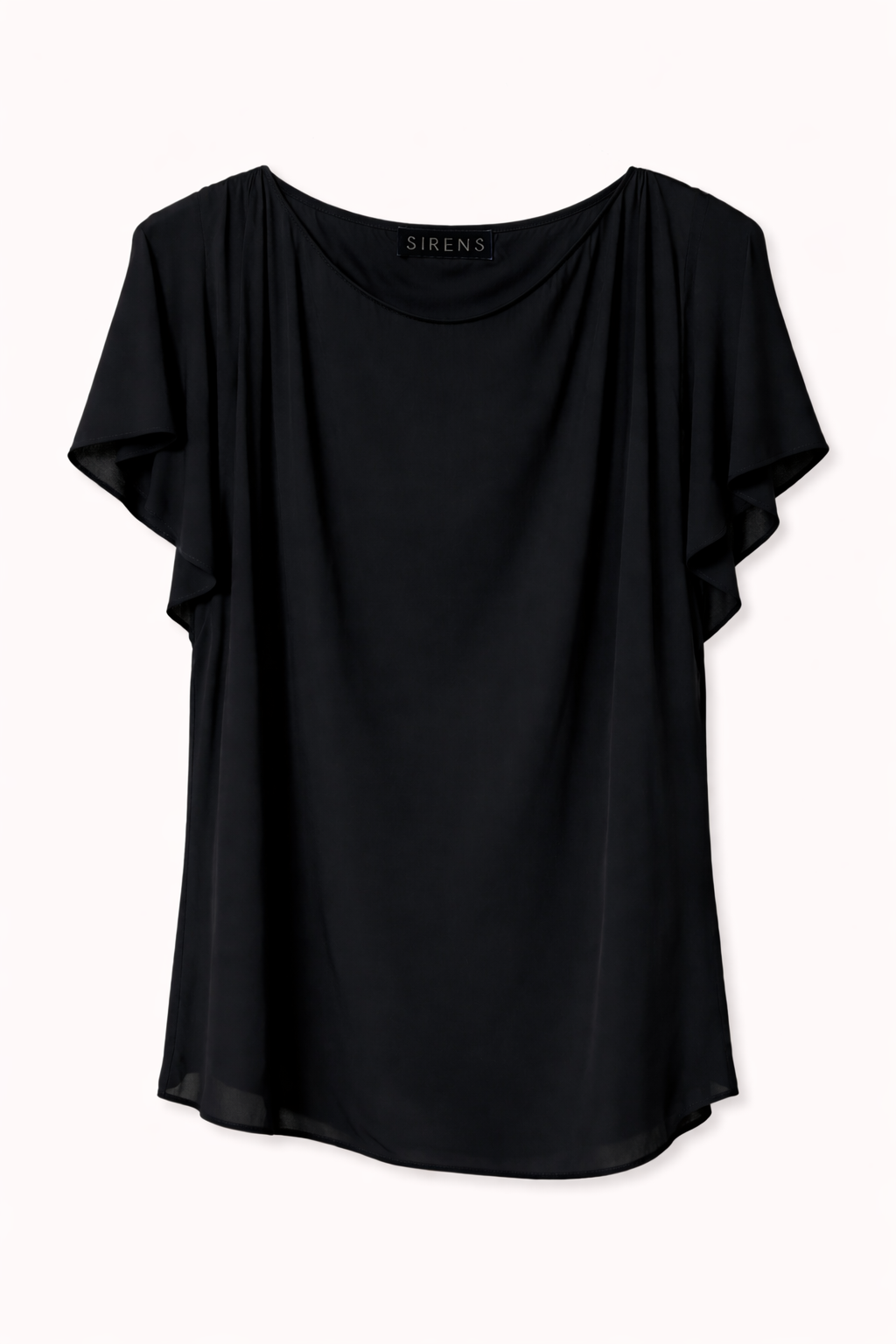 Black t-shirt with ruffle sleeve detail. product shot.