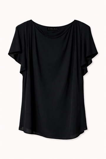 Black t-shirt with ruffle sleeve detail. product shot.