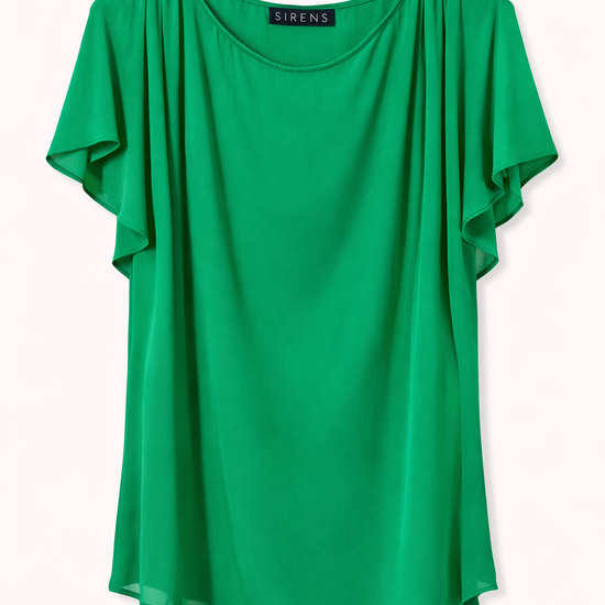Green top with ruffle short sleeves on white background