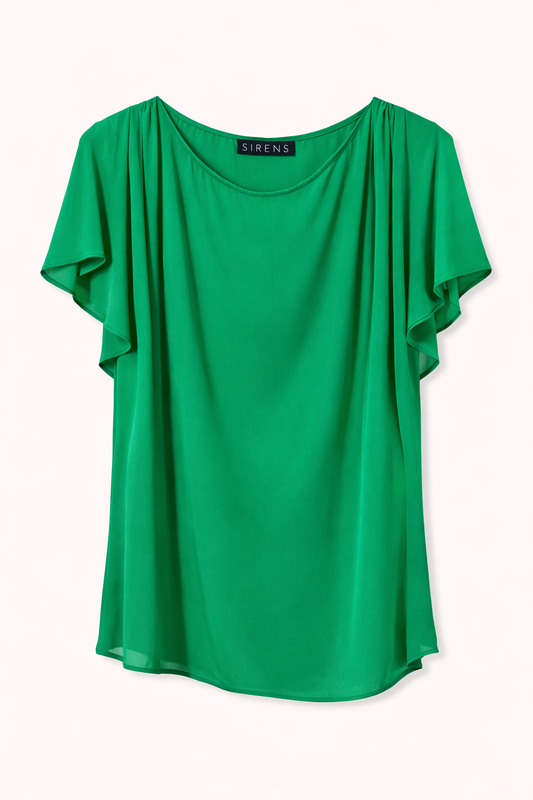 Green top with ruffle short sleeves on white background