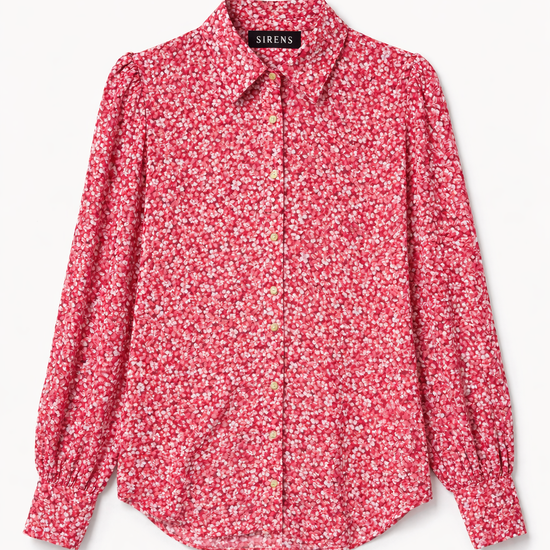 Floral pink shirt with slight ballon sleeves product shot.