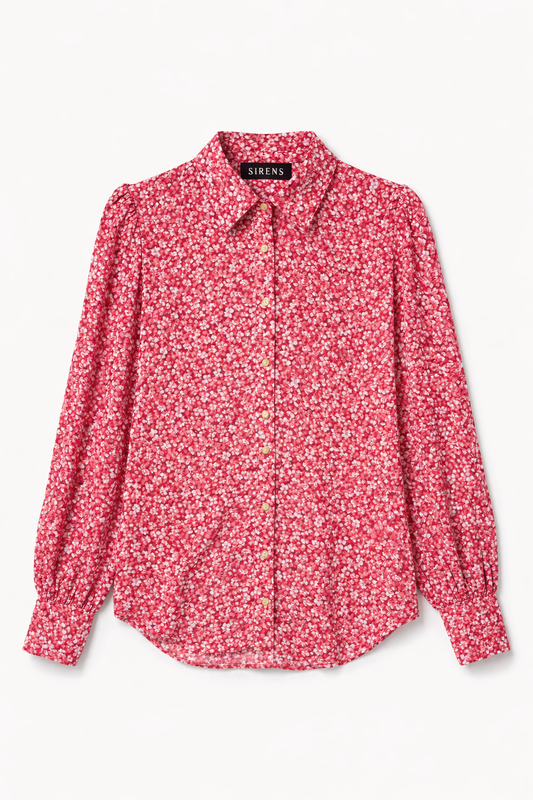 Floral pink shirt with slight ballon sleeves product shot.