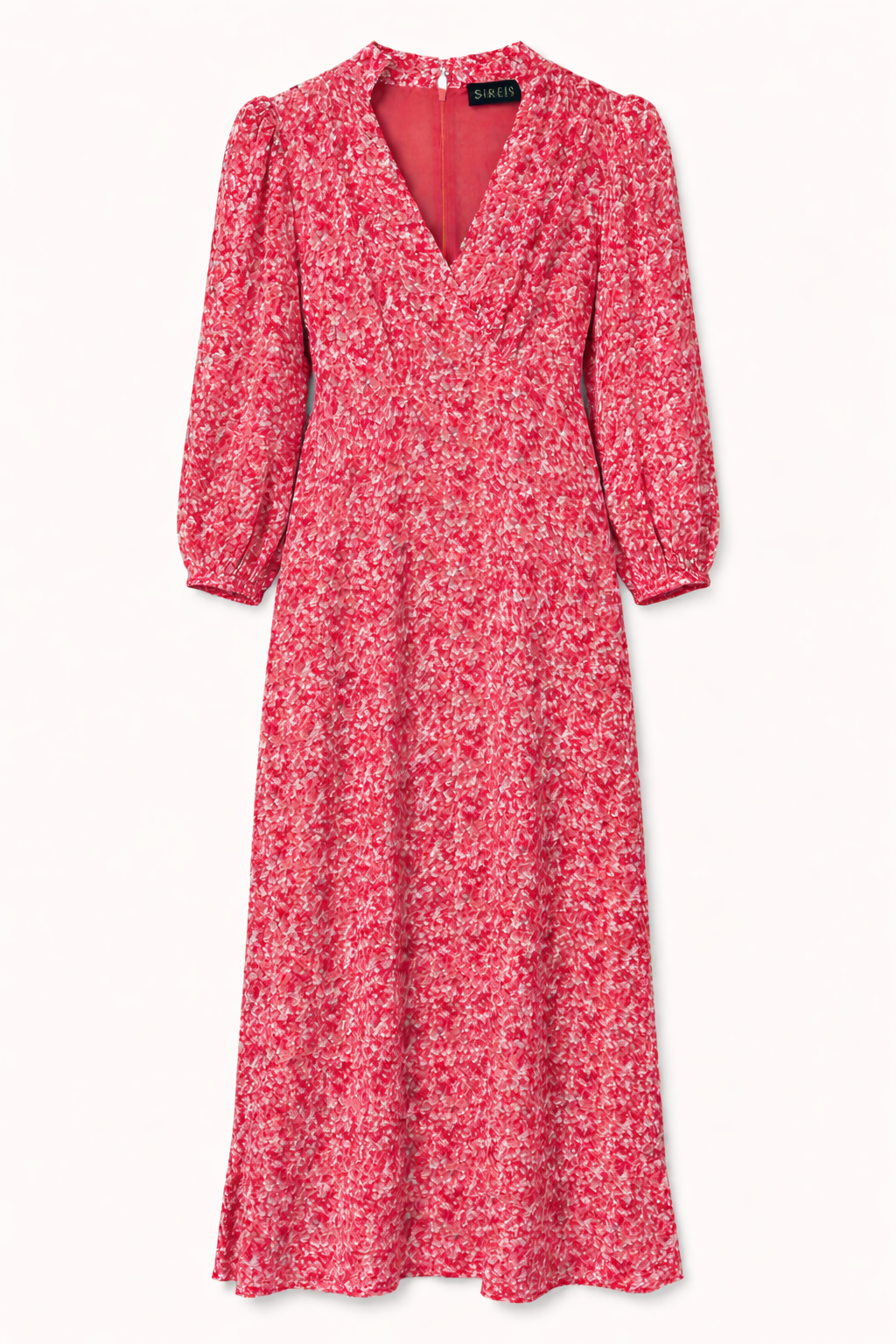 Pink floral dress with long sleeves on a white background