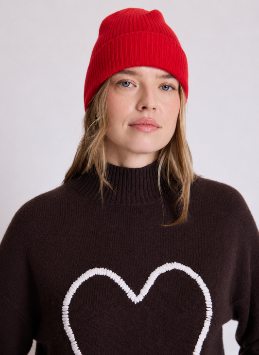 Red ribbed cashmere beanie hat