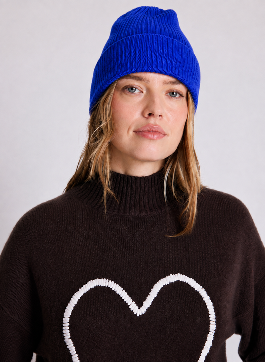 bright blue ribbed cashmere beanie