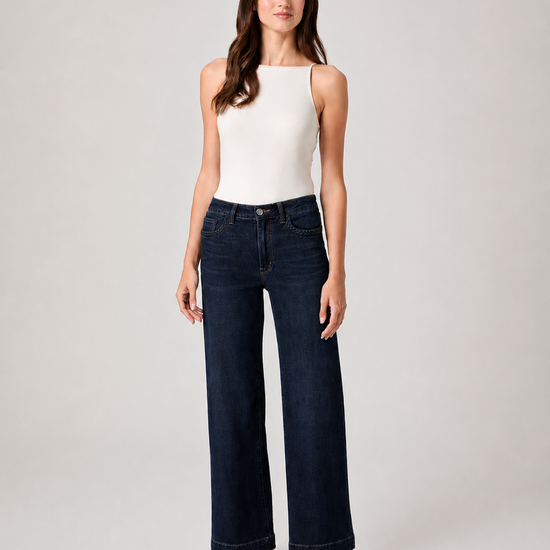 Dark wash denim with braided pocket detail