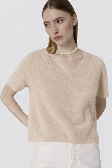Beige V neck short sleeve brushed cashmere knit
