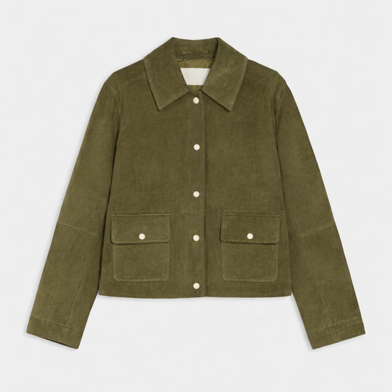 Green jacket with button details on a white background