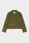 Green jacket with button details on a white background