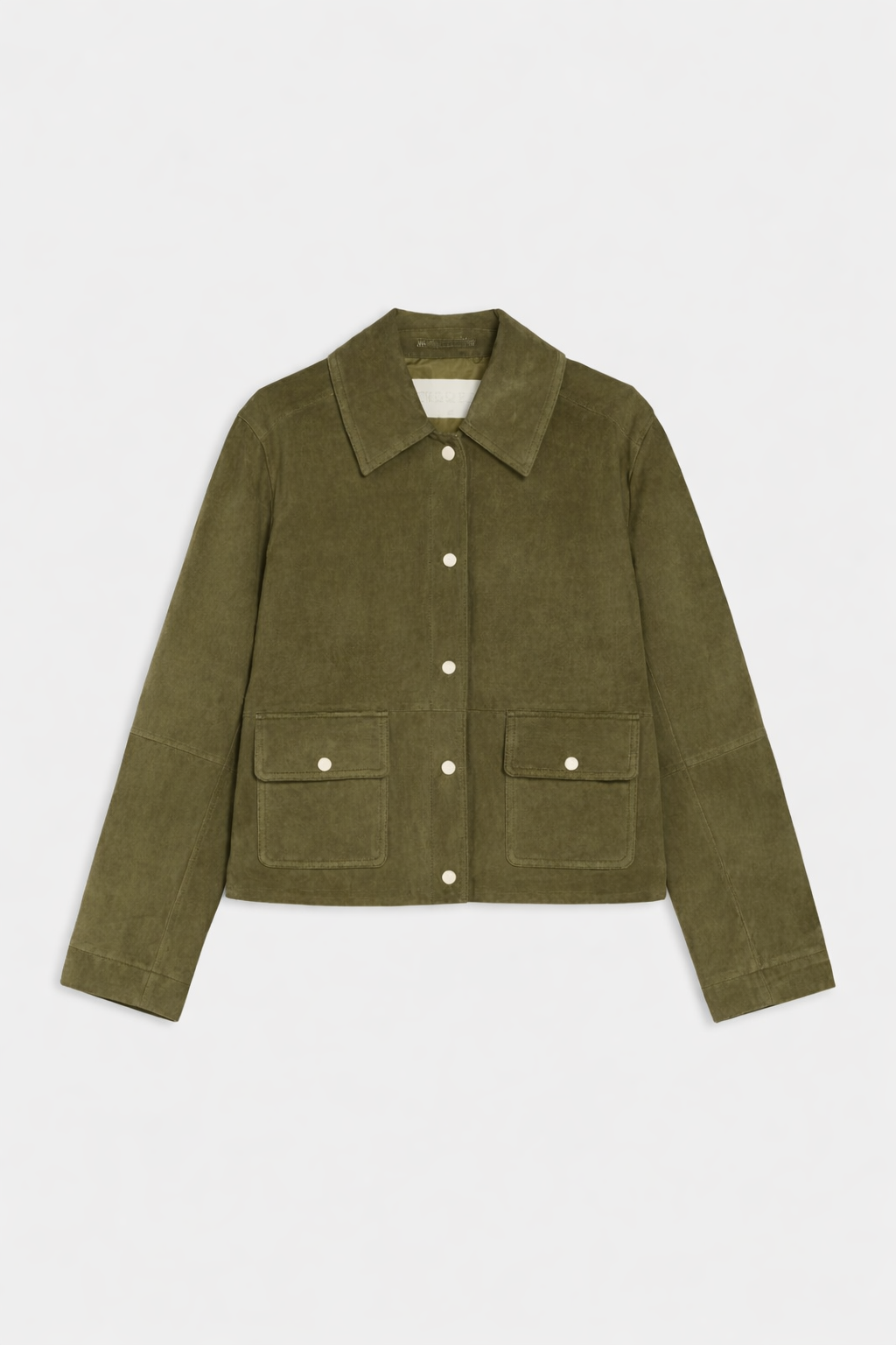 Green jacket with button details on a white background