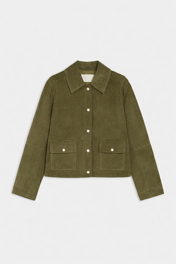 Green jacket with button details on a white background